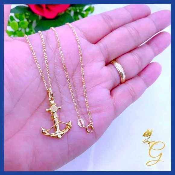 18K Real Gold Anchor Necklace 18”